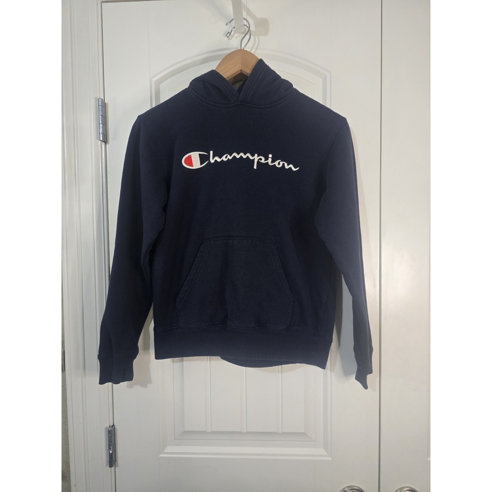 Champion Kids Navy Blue Script Logo Fleece Pullover Hoodie Sweatshirt Size L